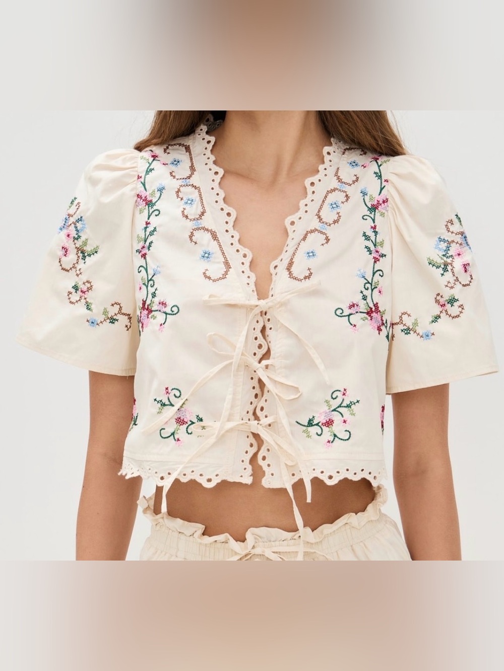 Moon River Cream Embroidered Lace-Up Cropped Blouse